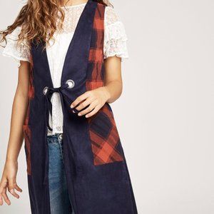 BCBGeneration  Plaid-Trimming Long Navy Blue Vest